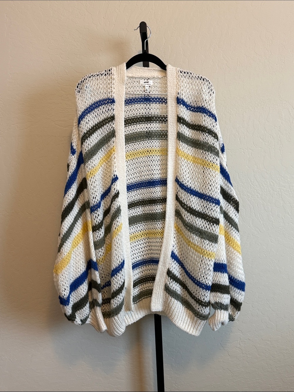 aerie Cream Open-Front Striped Cardigan with Blue, Green & Yellow